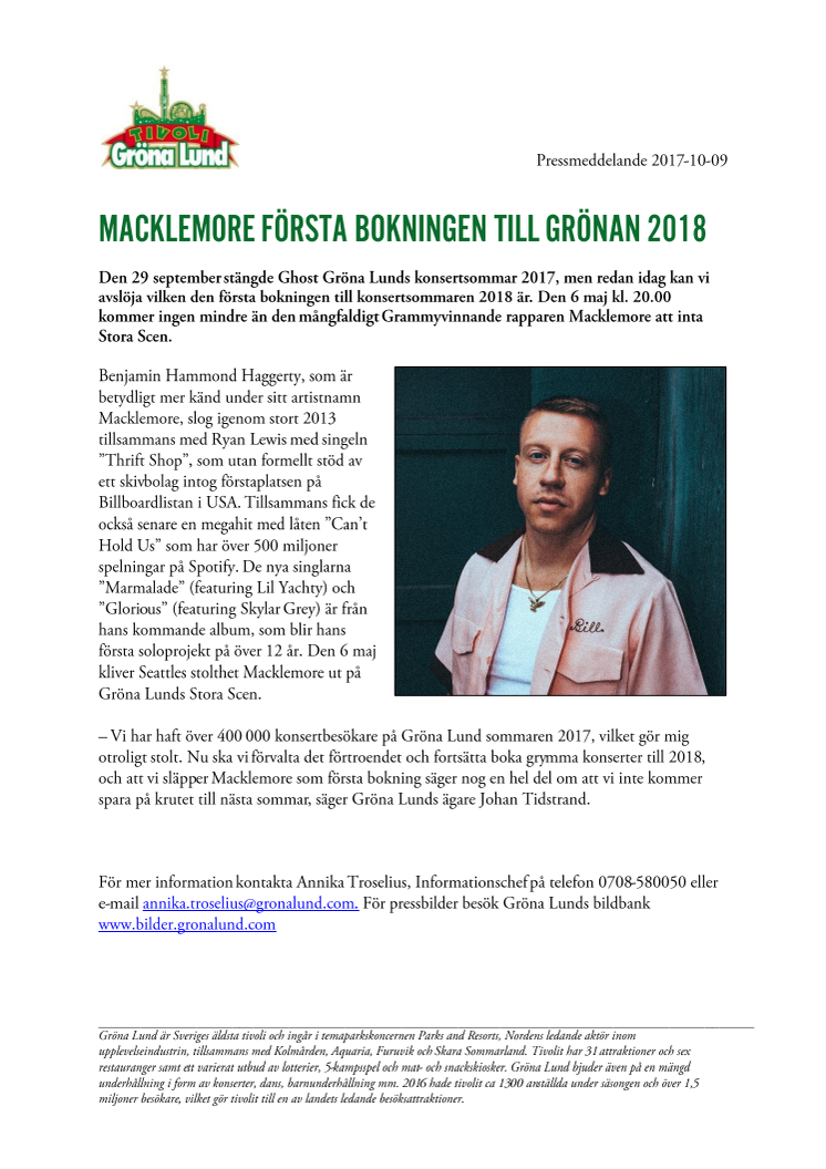 Macklemore första bokningen till Grönan 2018