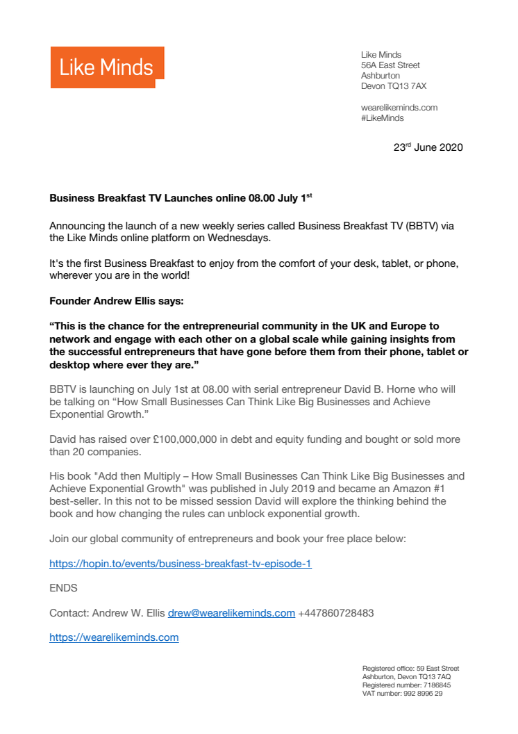 Business Breakfast TV Launches online 08.00 July 1st
