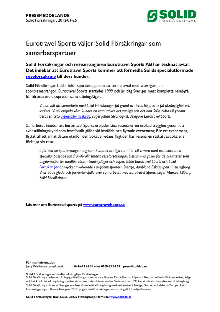Eurotravel Sports väljer Solid Försäkringar som samarbetspartner