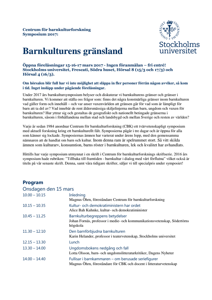 Program Barnkultursymposium 2017: Barnkulturens gränsland