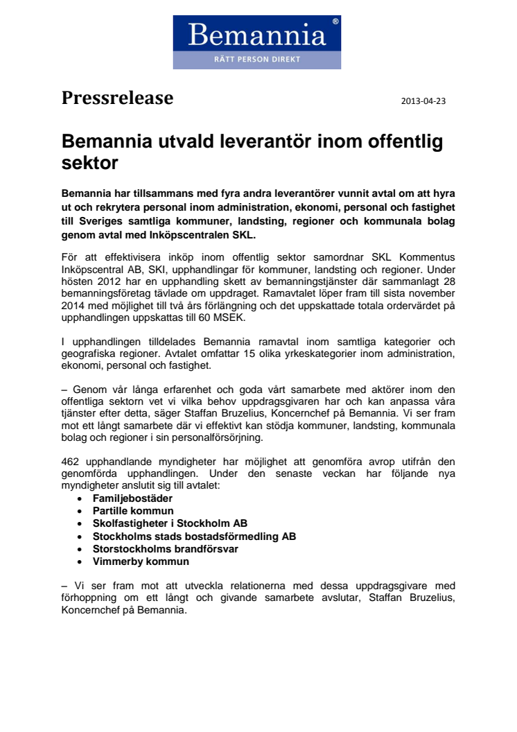 Bemannia utvald leverantör inom offentlig sektor       