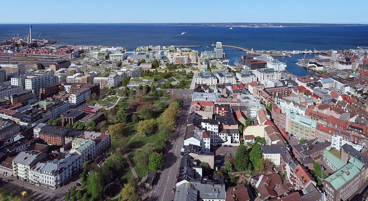 Framtidens Helsingborg C - med planerad bebyggelse, flygvy mot väster