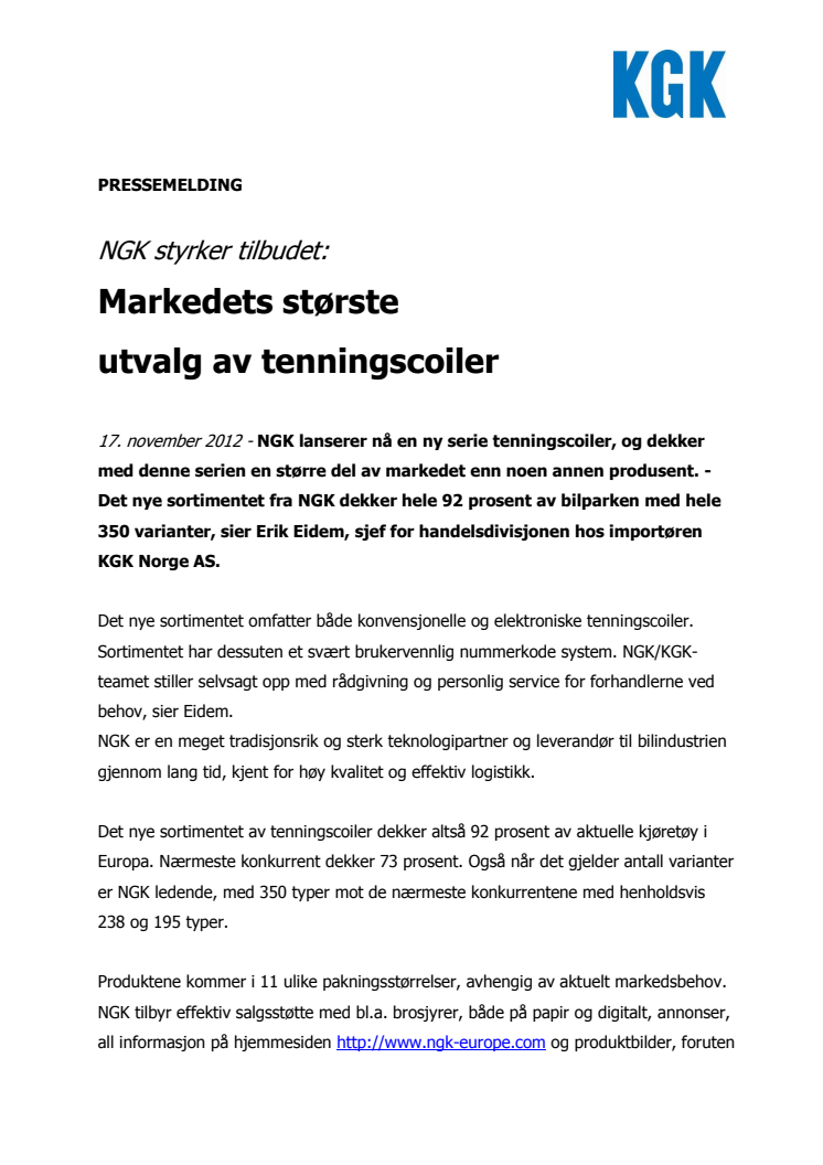 NGK styrker tilbudet: Markedets største utvalg av tenningscoiler