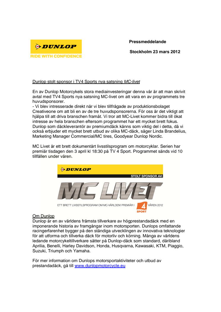 Dunlop stolt sponsor i TV4 Sports nya satsning MC-livet