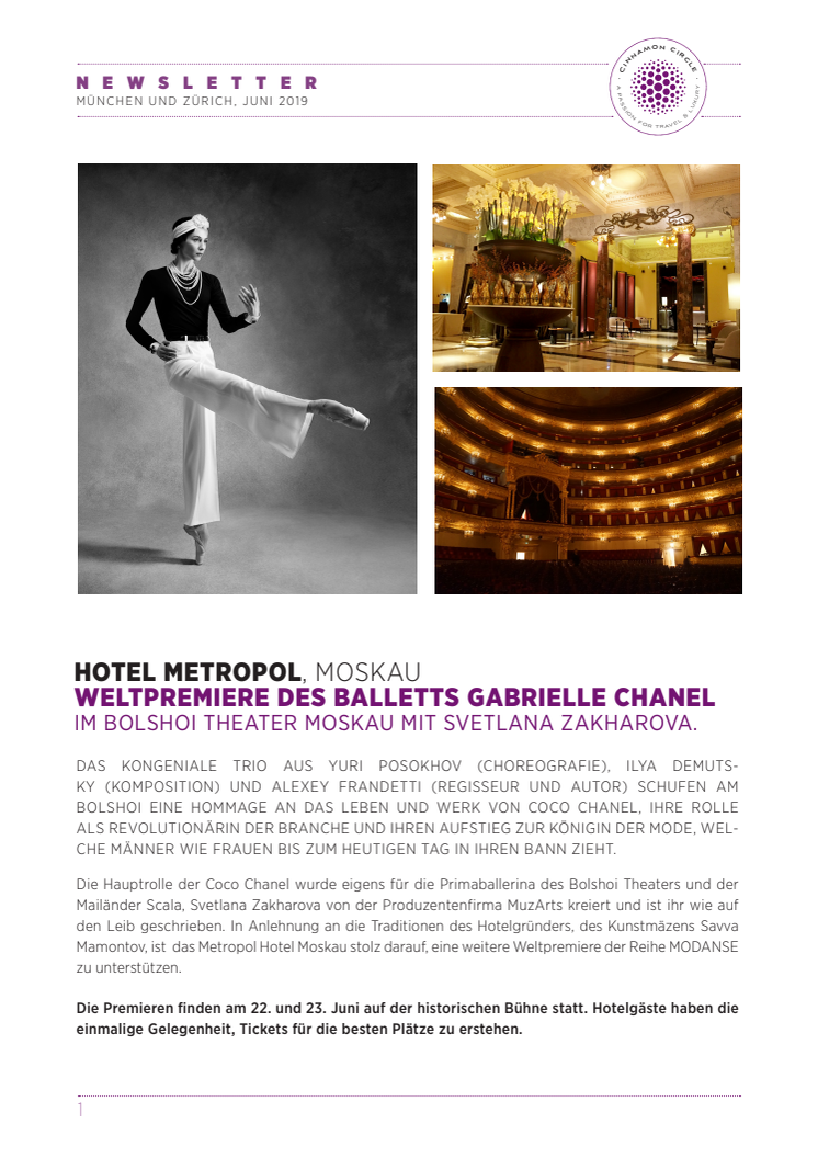 Weltpremiere des Balletts GABRIELLE CHANEL im Bolshoi Theater Moskau mit Svetlana Zakharova.
