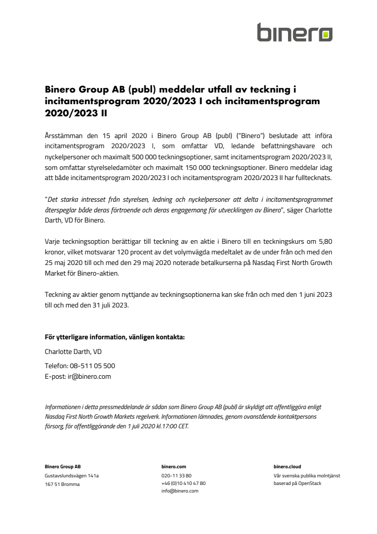 Binero Group AB (publ) meddelar utfall av teckning i incitamentsprogram 2020/2023 I och incitamentsprogram 2020/2023 II