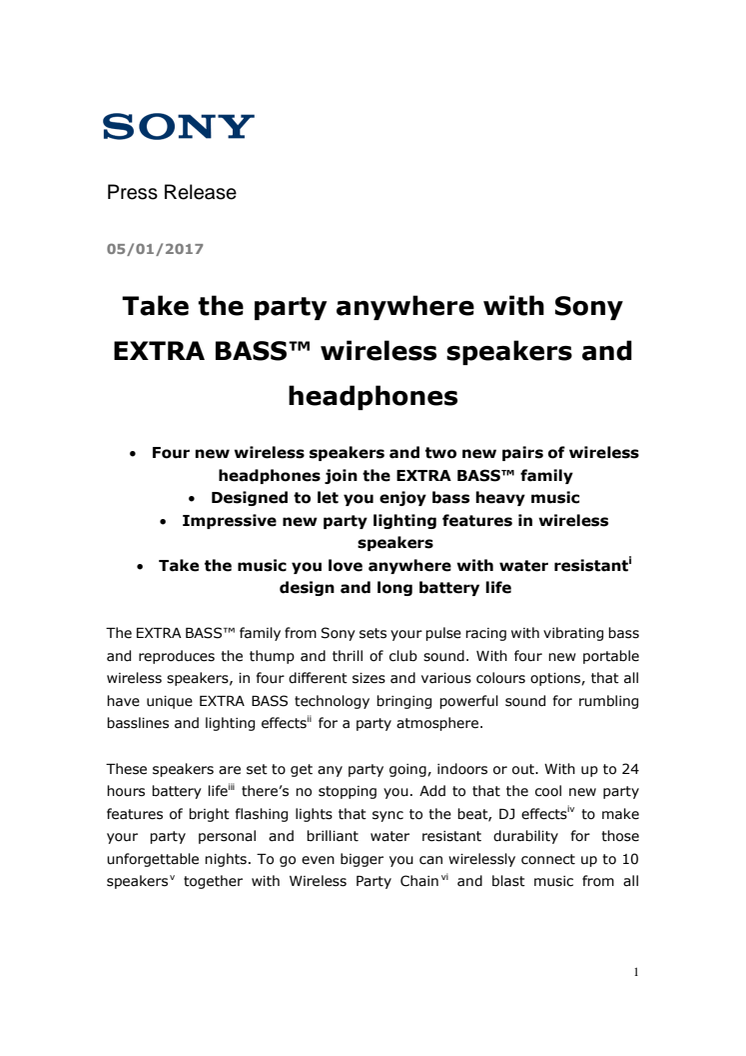 ​Sony lanserar fyra nya EXTRABASS-högtalare