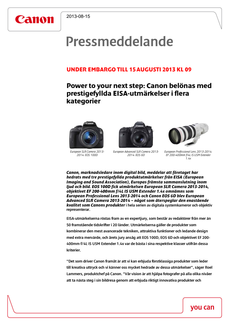 Power to your next step: Canon belönas med prestigefyllda EISA-utmärkelser i flera kategorier