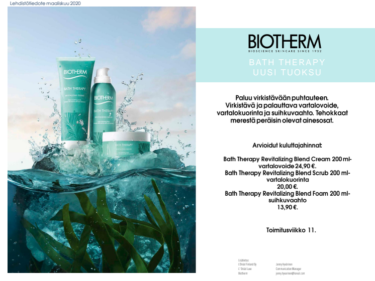 Biotherm Bath Therapy Revitalizing Blend- lehdistötiedote