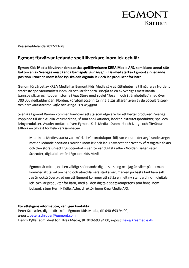 Egmont förvärvar ledande speltillverkare inom lek och lär