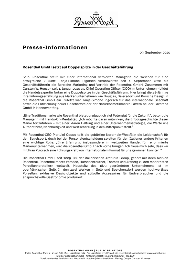 Rosenthal GmbH begrüßt neue Geschäftsführerin Marketing&Vertrieb