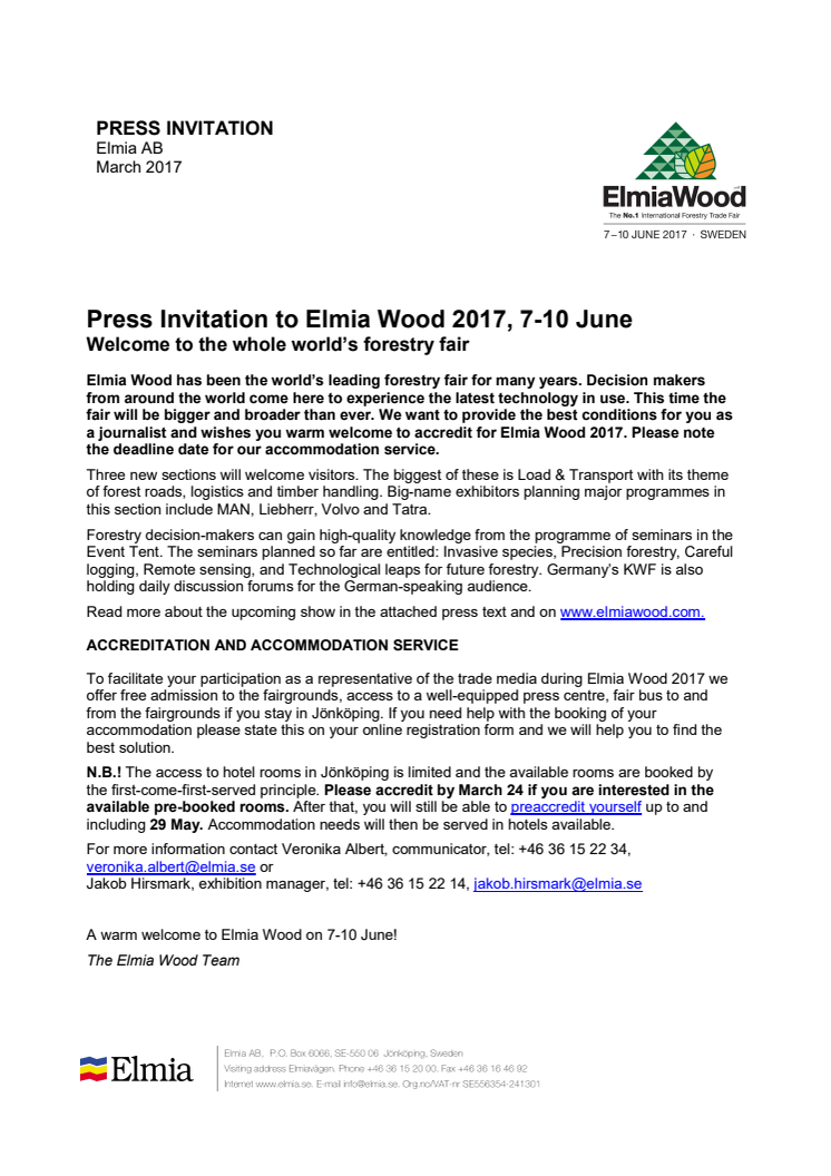 Press Invitation to Elmia Wood 7-10 June: Welcome to the whole world’s forestry fair!