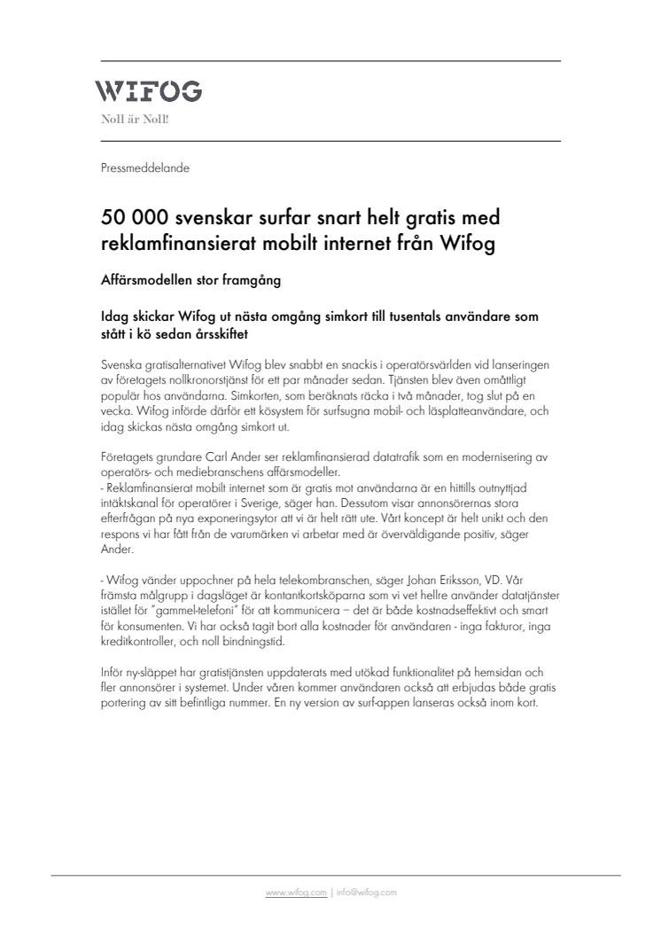 50 000 svenskar surfar snart helt gratis med reklamfinansierat mobilt internet från Wifog