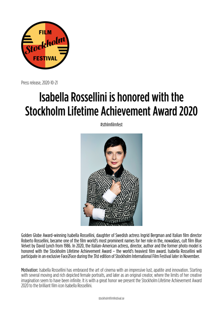 Isabella Rossellini is honored with the Stockholm Lifetime Achievement Award 2020