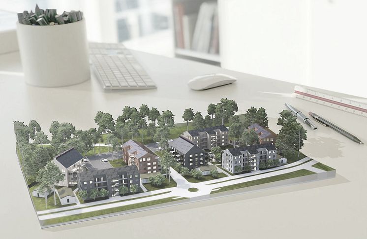 Nordtag, Ytterby. Hökerum Bygg planerar sju hus med totalt cirka 130 bostadsrätter. Illustration: Arkitekthuset.