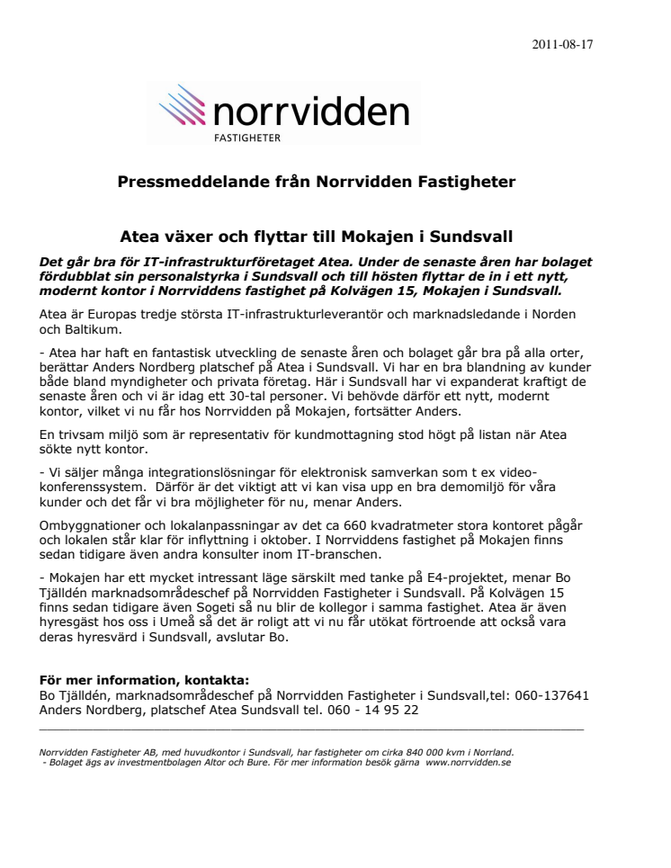 Atea växer och flyttar till Mokajen i Sundsvall