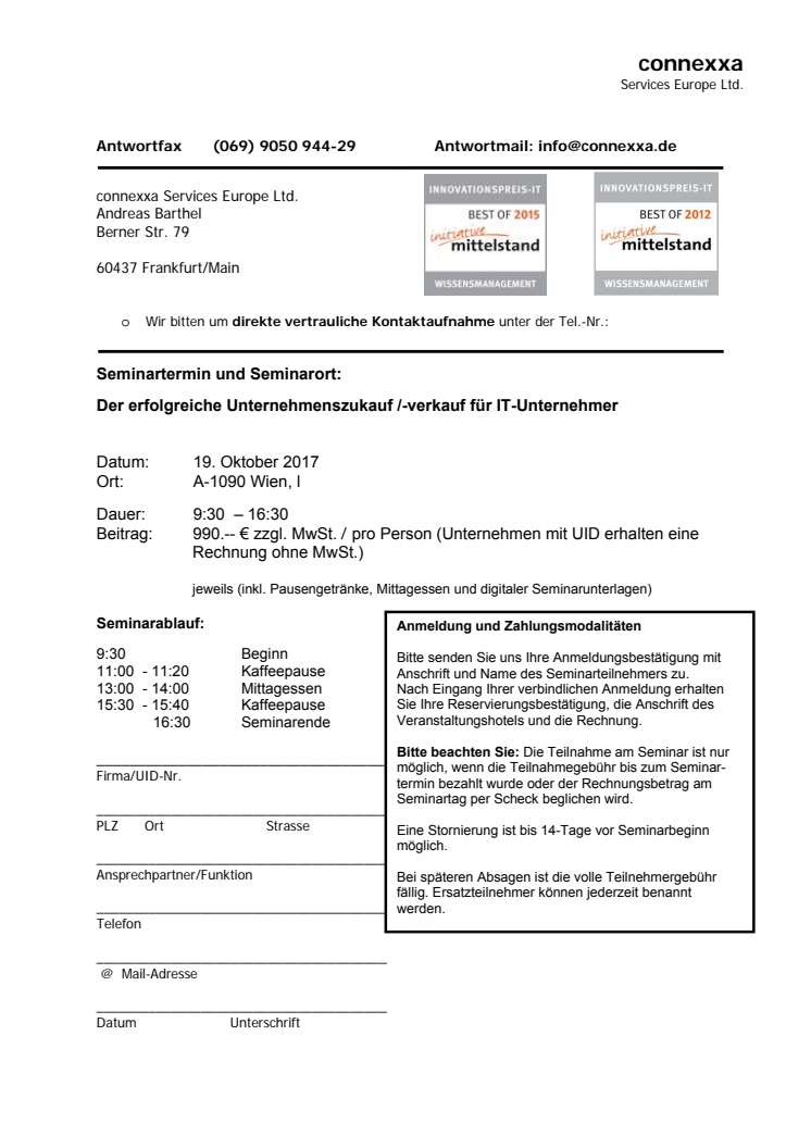 Anmeldung/Agenda. Unternehmens-zu und -verkauf, Unternehmensbewertung für IT-Unternehmer