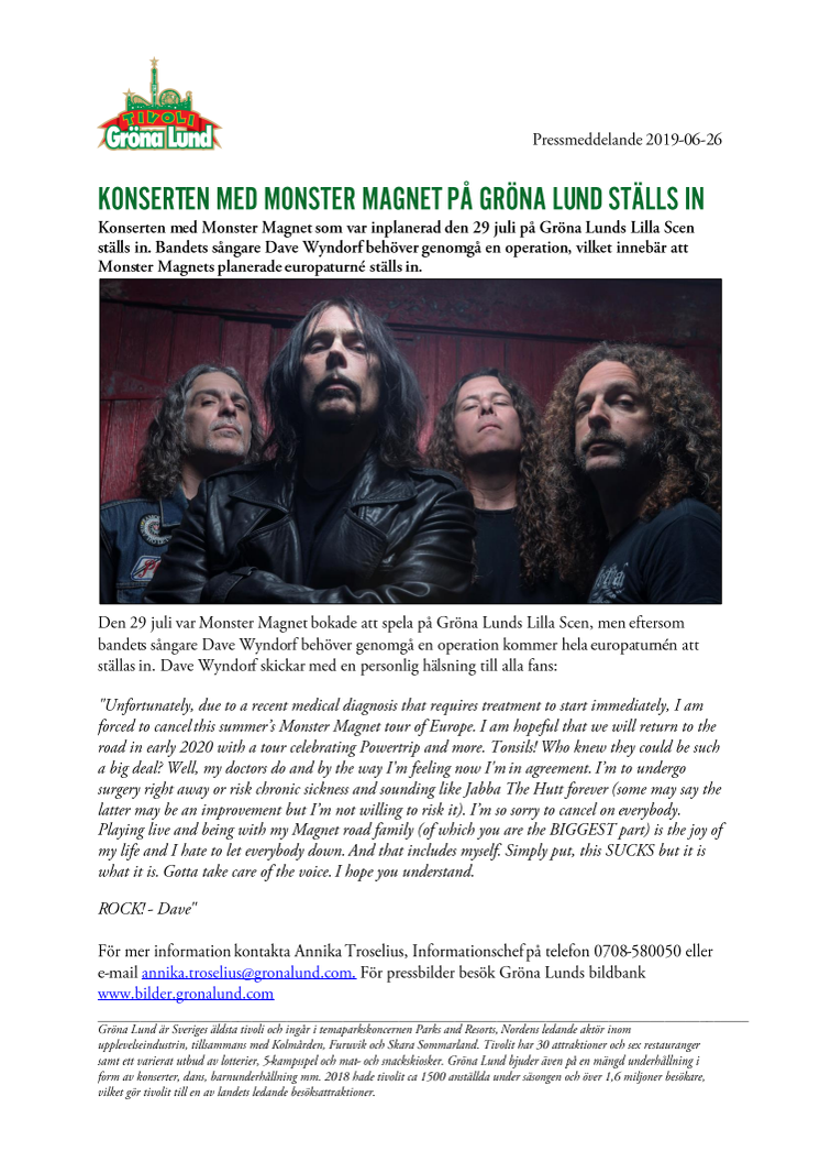 Konserten med Monster Magnet på Gröna Lund ställs in