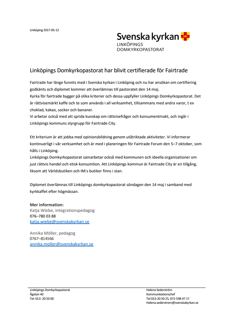 Linköpings Domkyrkopastorat har blivit certifierade för Fairtrade