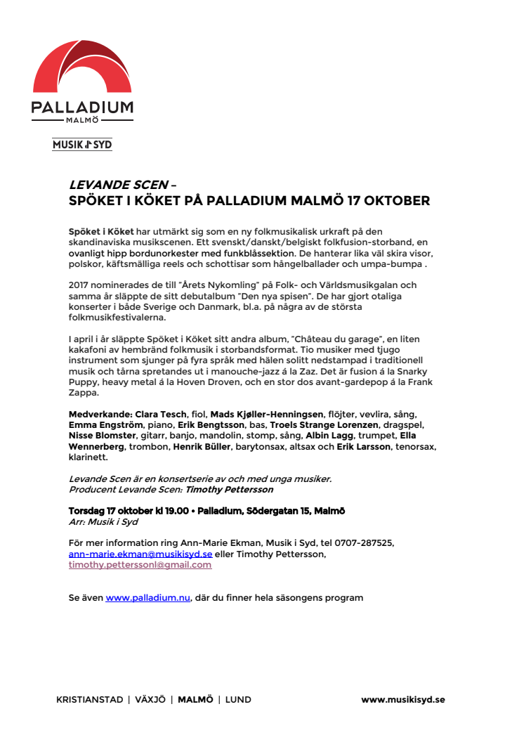 Levande Scen –  Spöket i Köket på Palladium Malmö 17 oktober