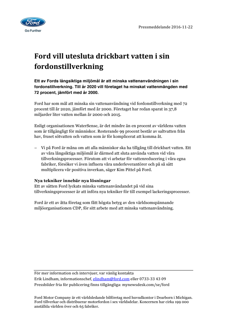 Ford vill utesluta drickbart vatten i sin fordonstillverkning