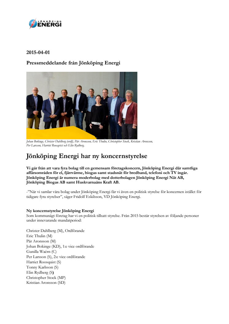 Jönköping Energi har ny koncernstyrelse 