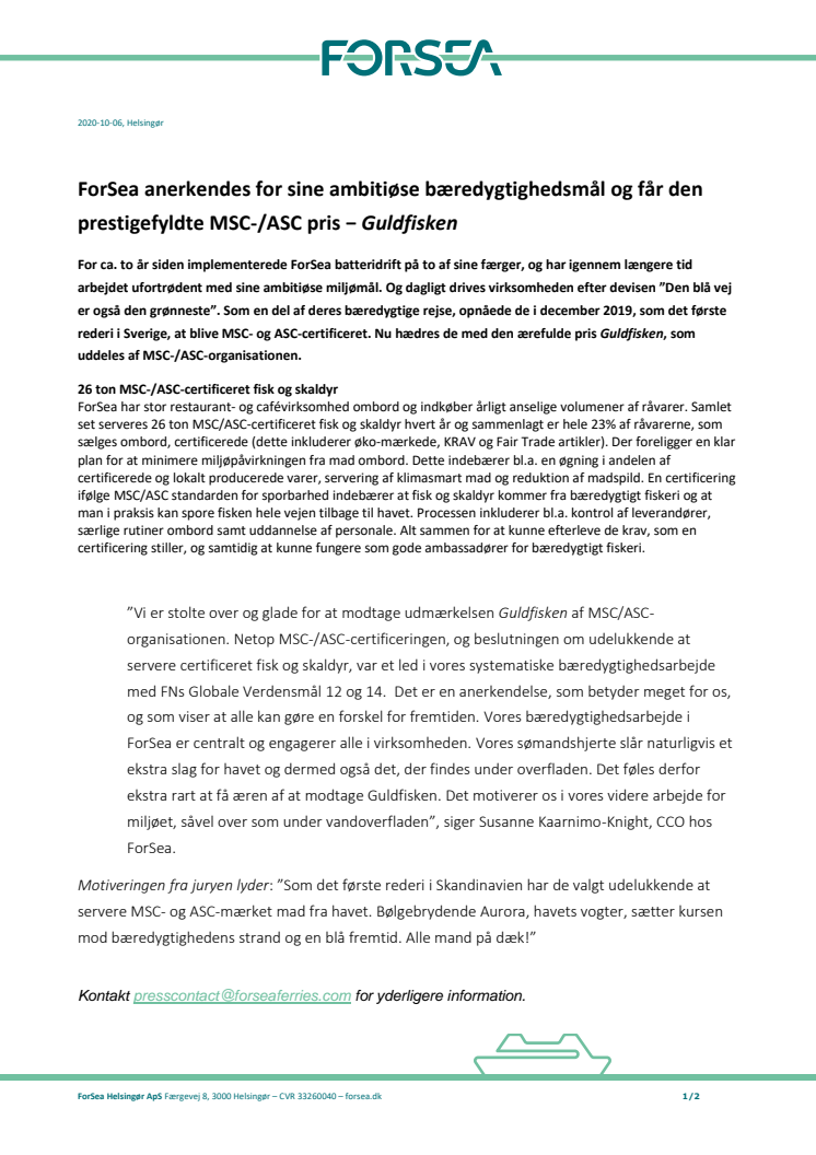ForSea anerkendes for sine ambitiøse bæredygtighedsmål og får den prestigefyldte MSC-/ASC pris − Guldfisken