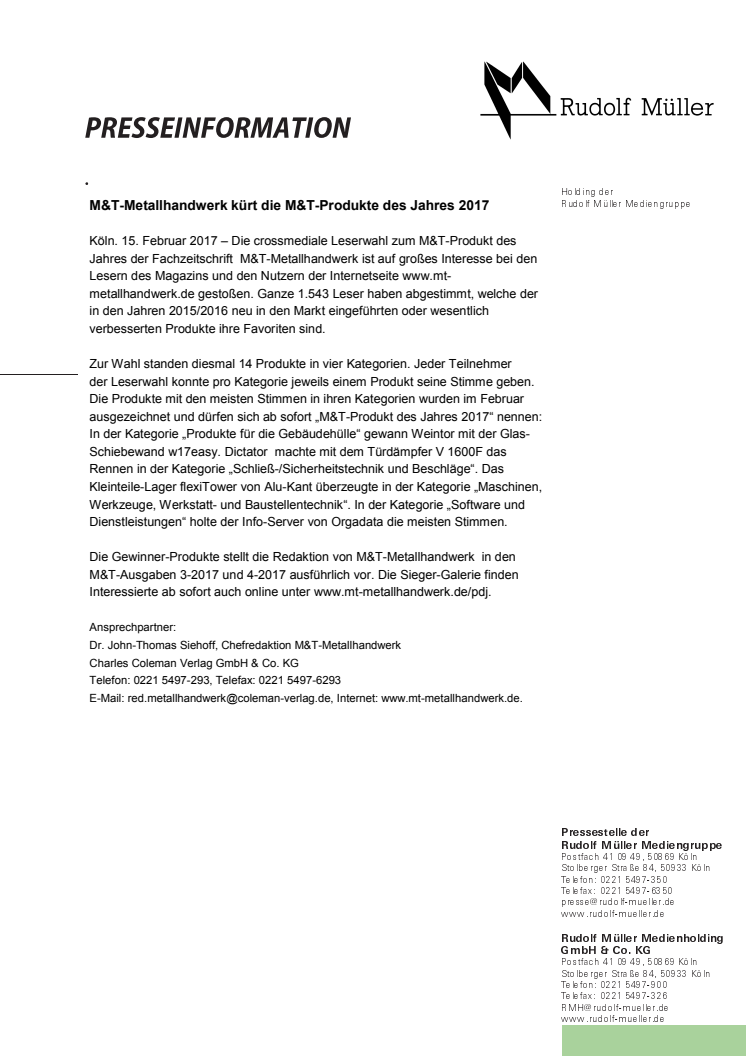 M&T-Metallhandwerk kürt die M&T-Produkte des Jahres 2017