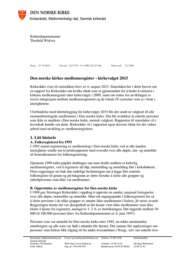 Rapport fra Kirkerådet til kulturministeren om Den norske kirkes medlemsregister 8. oktober 2015