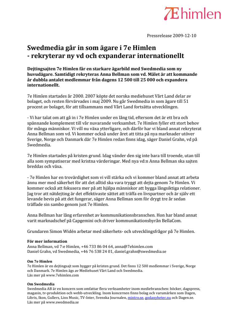 Swedmedia går in som ägare i 7e Himlen - rekryterar ny vd och expanderar internationellt 