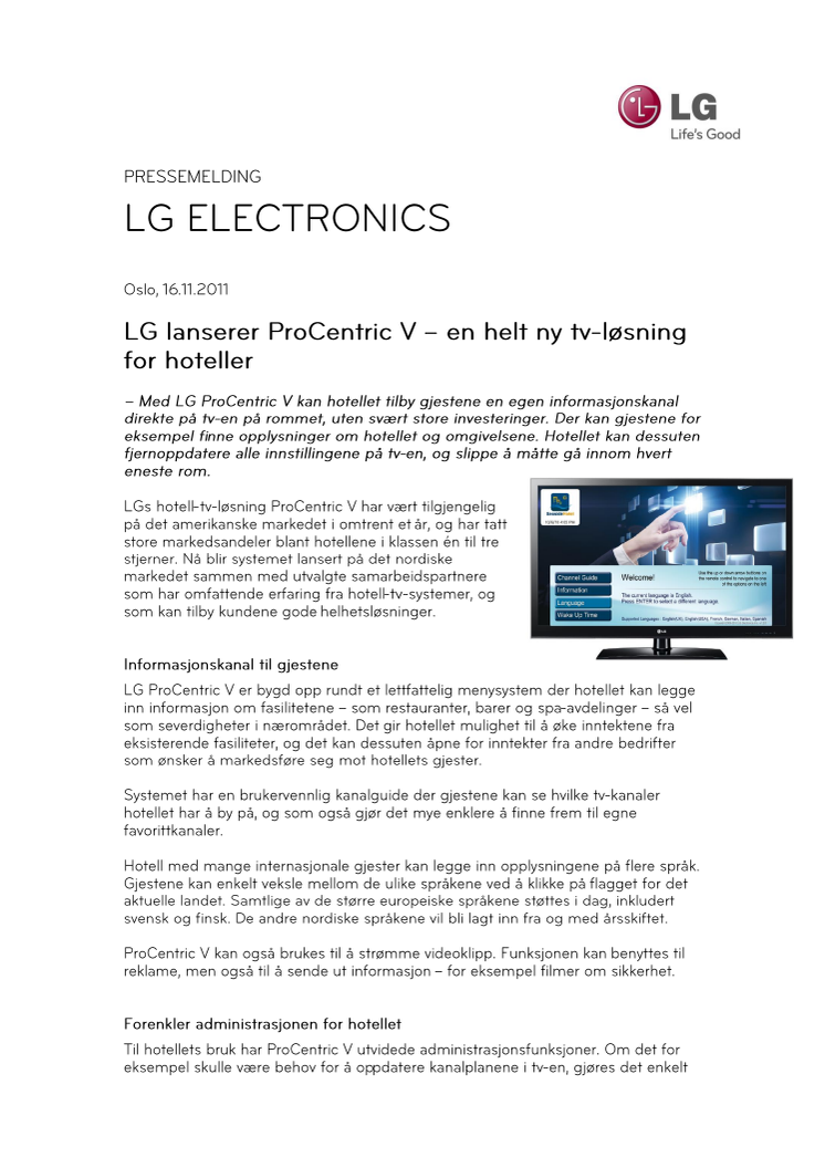 LG lanserer ProCentric V – en helt ny tv-løsning for hoteller 