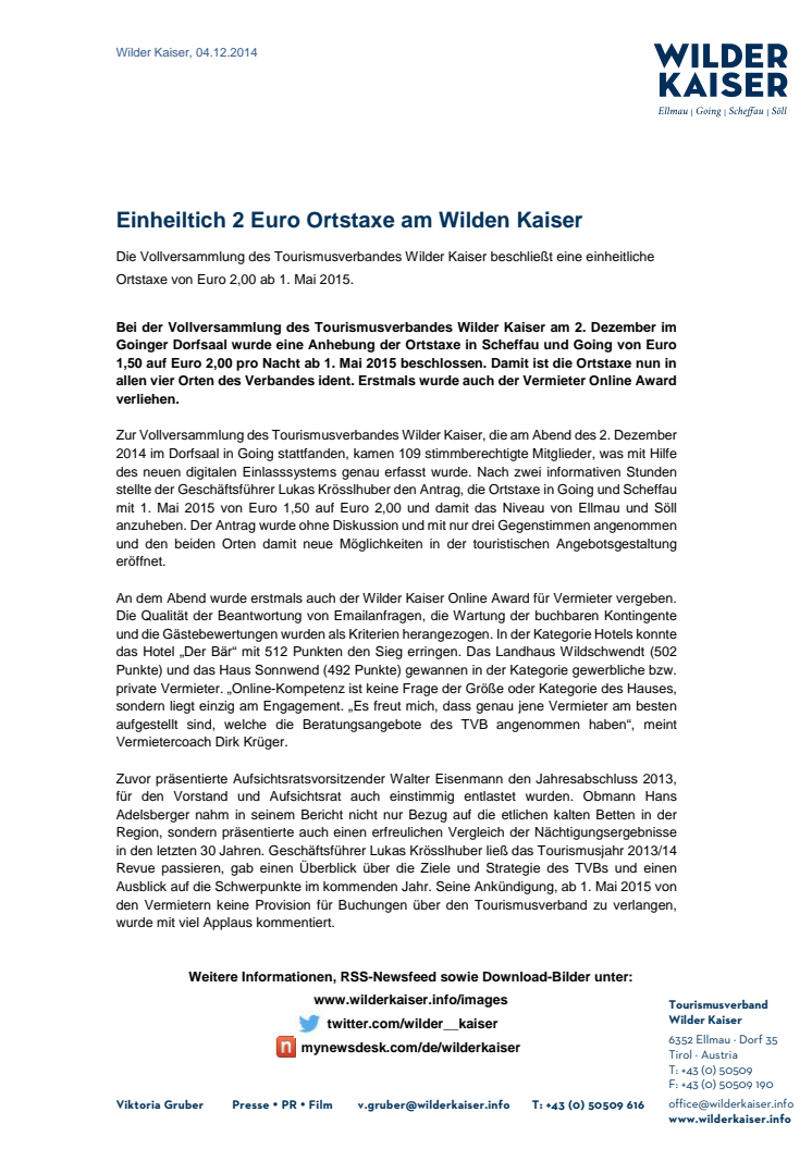 Einheiltich 2 Euro Ortstaxe am Wilden Kaiser