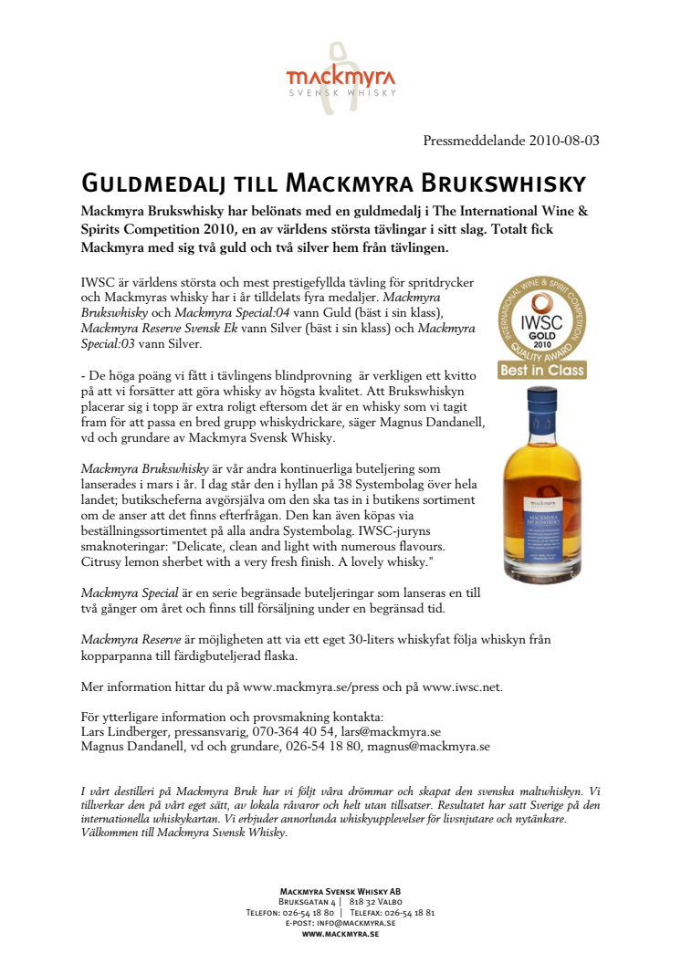 Guldmedalj till Mackmyra Brukswhisky 