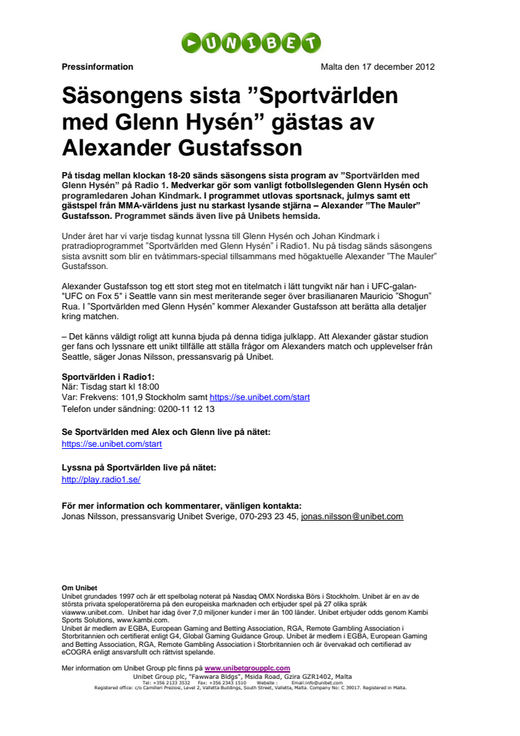 Säsongens sista ”Sportvärlden med Glenn Hysén” gästas av Alexander Gustafsson