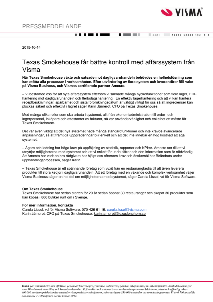 Texas Smokehouse får bättre kontroll med affärssystem från Visma 