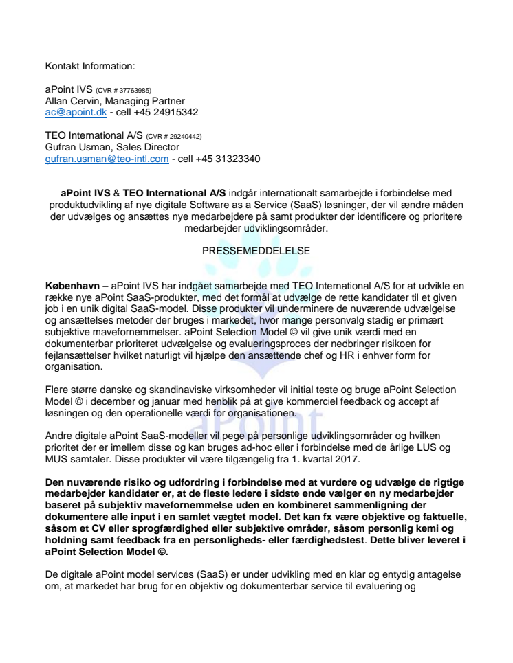aPoint IVS & TEO International A/S indgår internationalt samarbejde