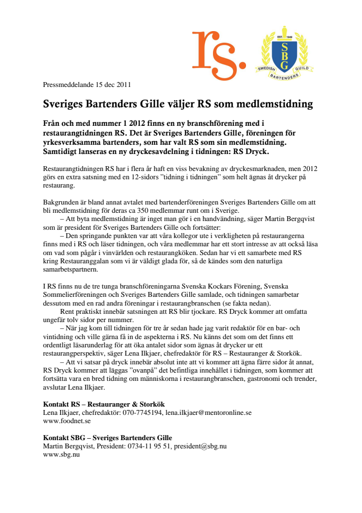Sveriges Bartenders Gille väljer RS som medlemstidning