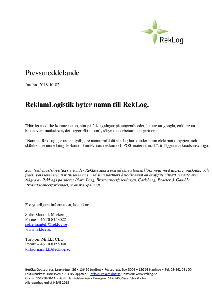 ReklamLogistik byter namn till RekLog.
