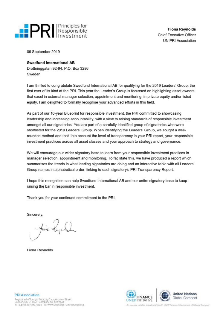 PRI Leaders' Group Letter to Swedfund International AB