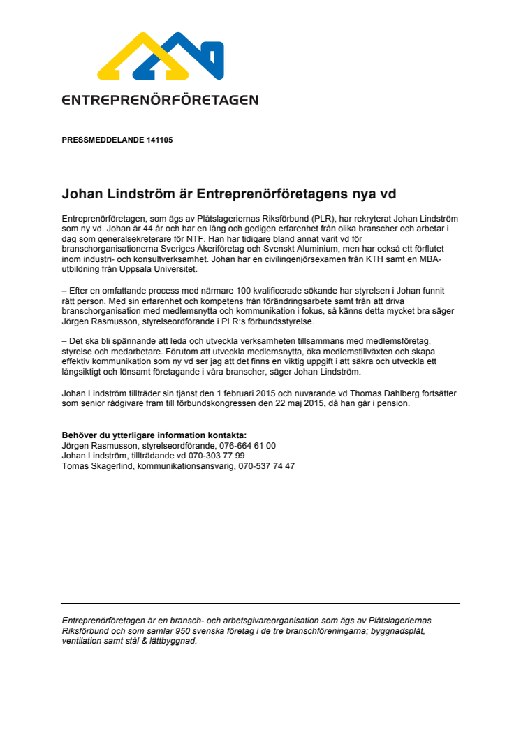 Johan Lindström är Entreprenörföretagens nya vd
