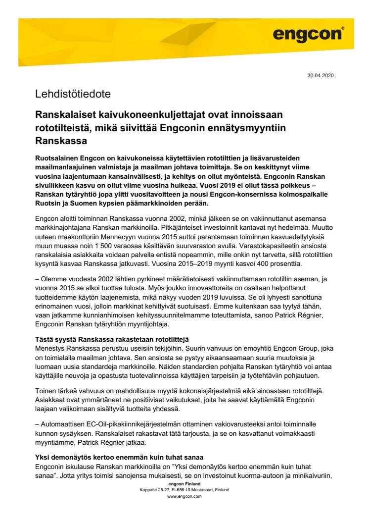 Ranskalaiset kaivukoneenkuljettajat ovat innoissaan rototilteistä, mikä siivittää Engconin ennätysmyyntiin Ranskassa