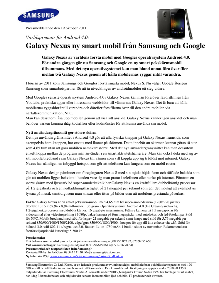 Galaxy Nexus ny smart mobil från Samsung och Google