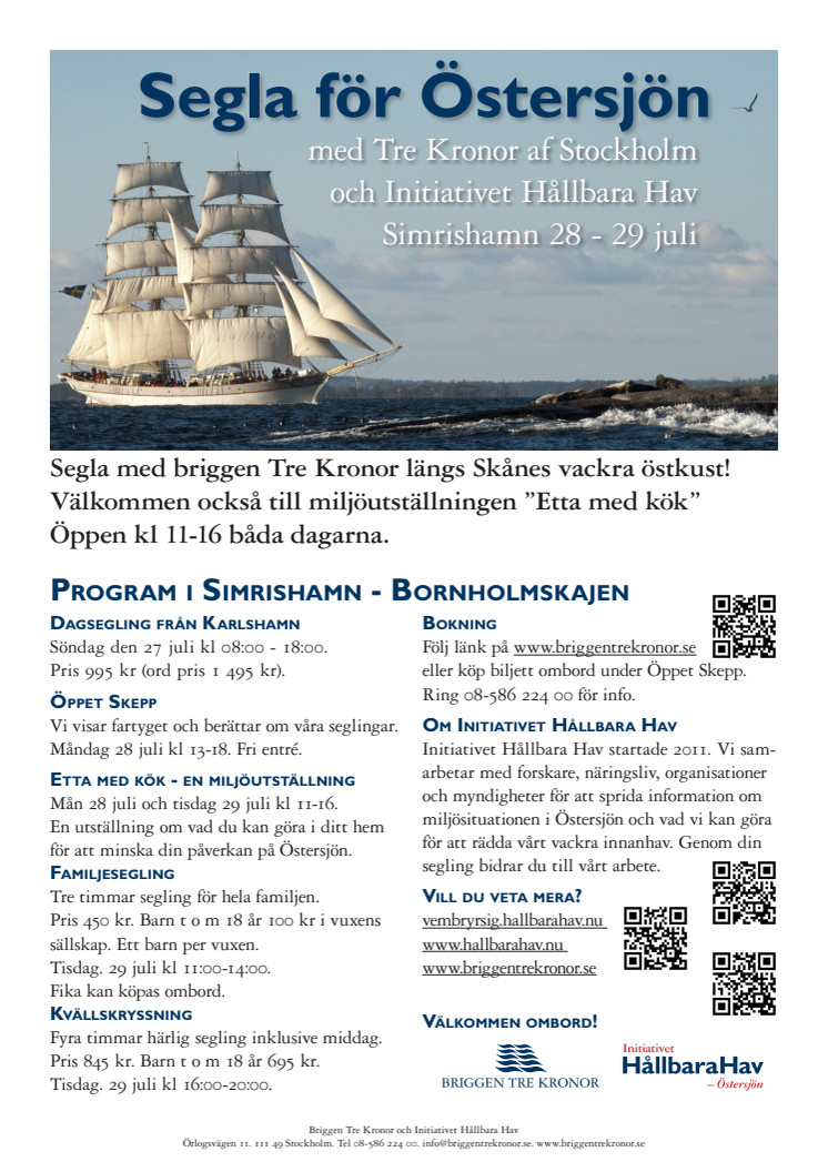 Program - Hållbara Hav och briggen Tre Kronor i Simrishamn med ny miljöutställning 27-29 juli