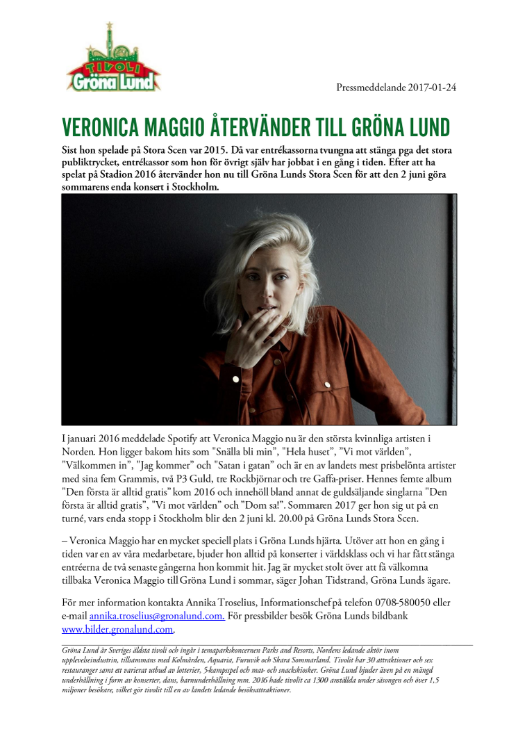 Veronica Maggio återvänder till Gröna Lund