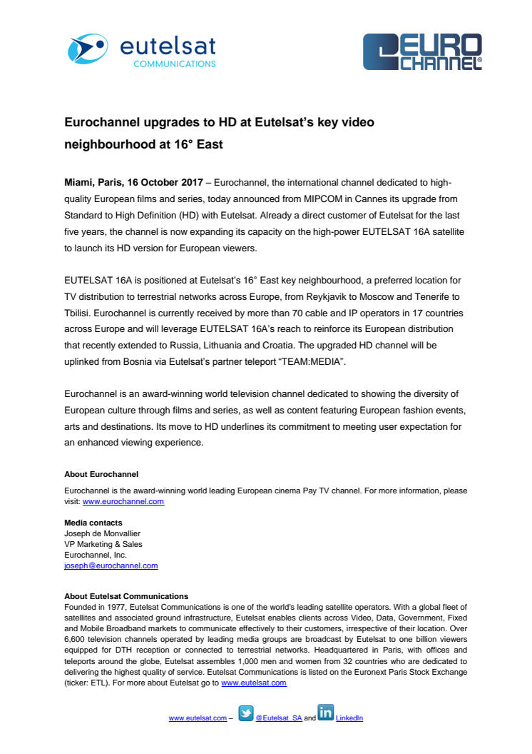 Eurochannel upgrades to HD at Eutelsat’s key video neighbourhood at 16° East