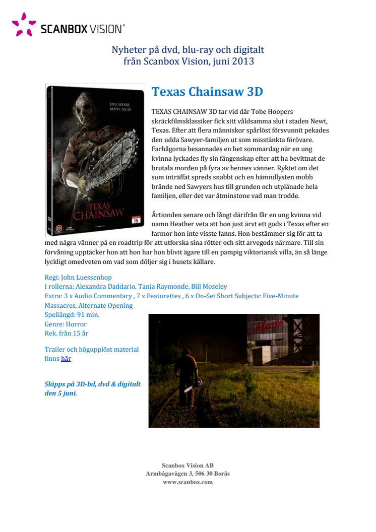 Texas Chainsaw 3D, Noomi Rapace i Passion och svensk thrillerklassiker är nytt på blu-ray & dvd från Scanbox i juni