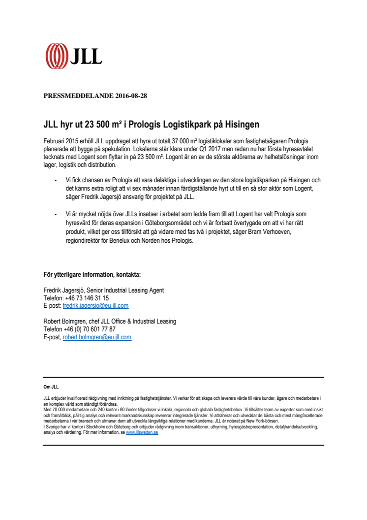 JLL hyr ut 23 500 m² i Prologis Logistikpark på Hisingen