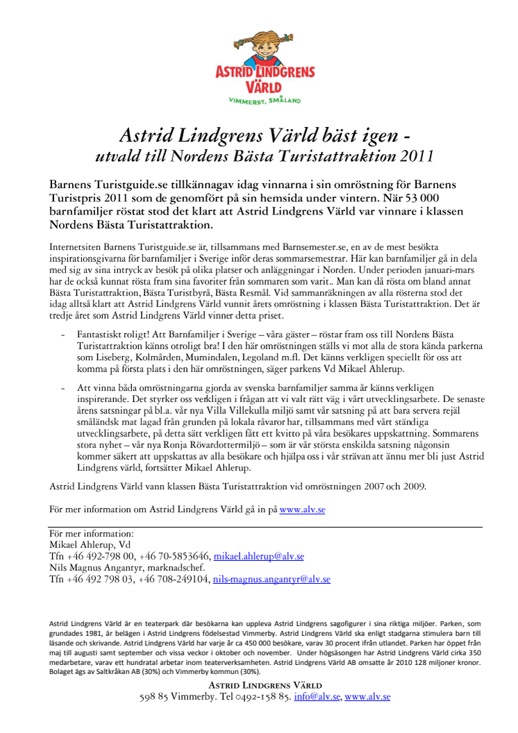 Astrid Lindgrens Värld bäst igen - utvald till Nordens Bästa Turistattraktion 2011