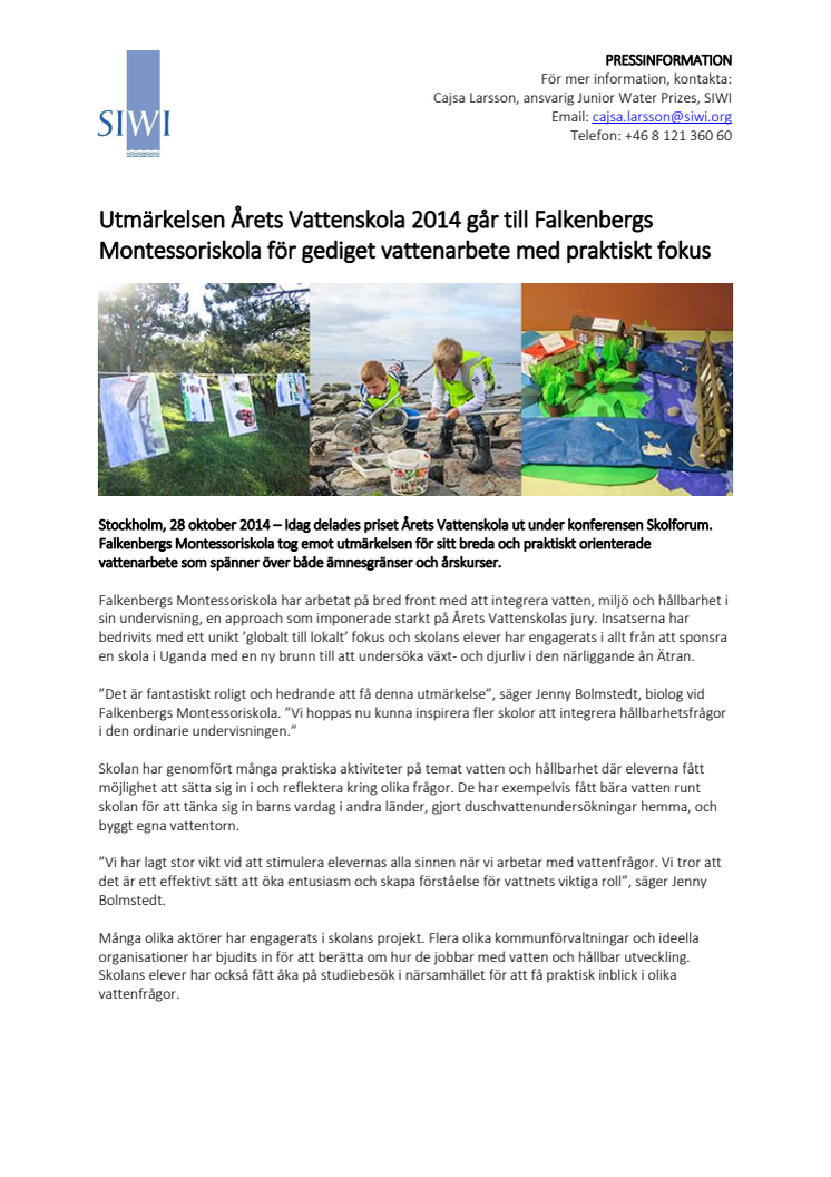 PDF-version av pressmeddelandet för Årets Vattenskola 2014
