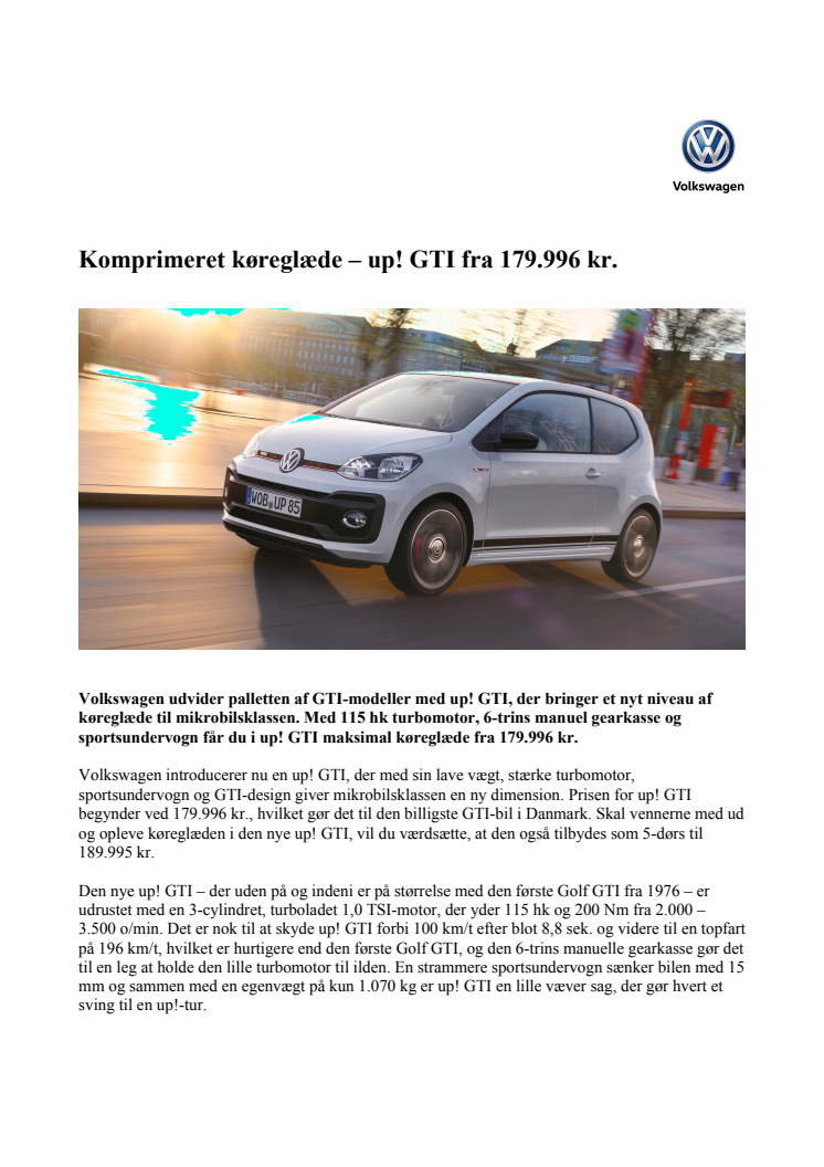 ​Komprimeret køreglæde – up! GTI fra 179.996 kr.